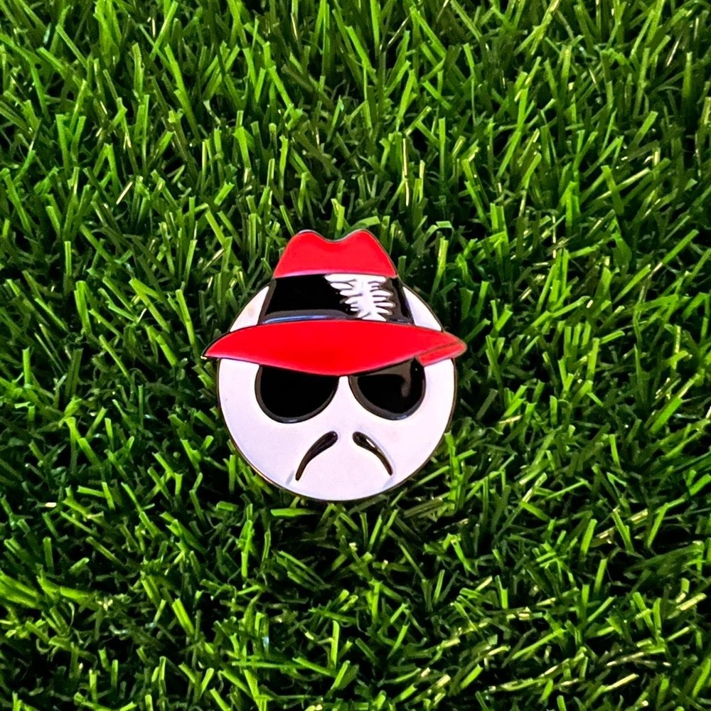 Low rider with red hat and sunglasses enamel pin